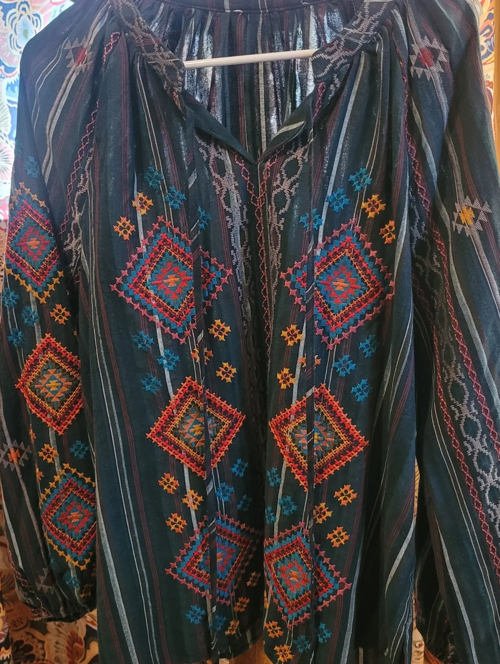 Embroidered Boho Tunic in Teal, Red & Yellow, Medium - Picture 3 of 9